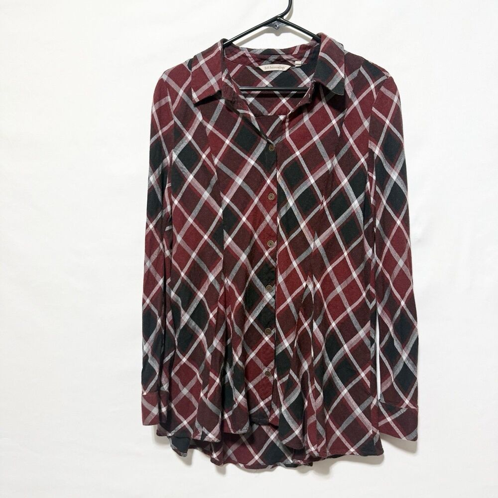 Soft Surroundings Women’s L Burgundy Plaid Button Front Tunic Shirt Rayon Wool
